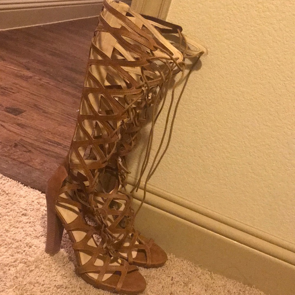 Cognac strappy knee high heel